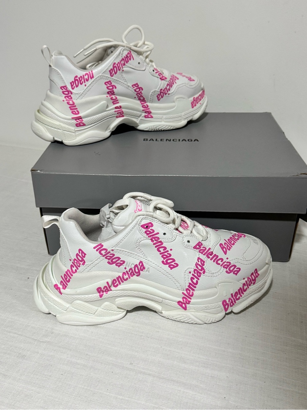 Balenciaga White Chunky Sneakers with Pink Logo Print